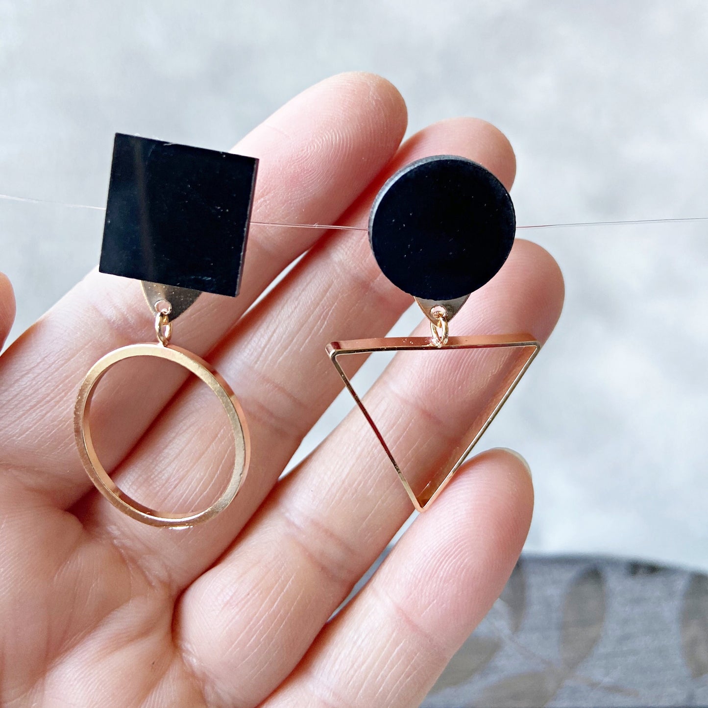 Mismatched Statement Hoop Earrings Geometrical Black Jewelry Asymmetrical Gold Dangle Earrings for Women