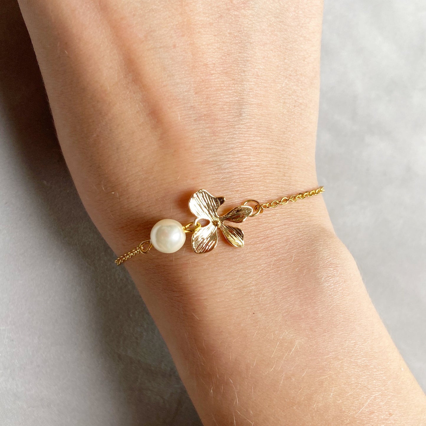 Bracelet orchids gold with pearl Bridesmaid Gift for women Gold Wedding Bracelet