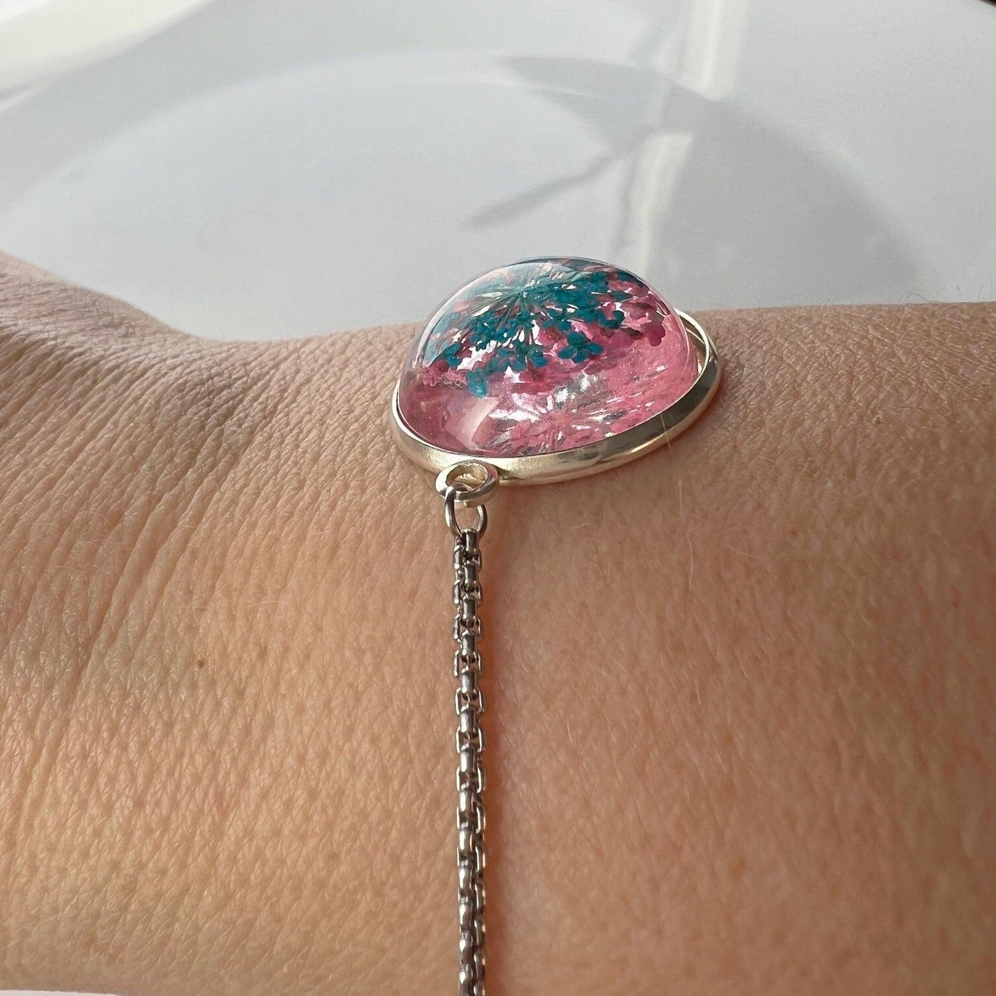 Flower turquoise in resin pink  bracelet Real pressed flower jewelry for women  Handmade Mothers day gift for mom