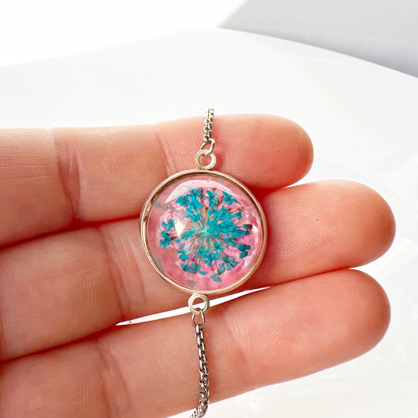 Flower turquoise in resin pink  bracelet Real pressed flower jewelry for women  Handmade Mothers day gift for mom