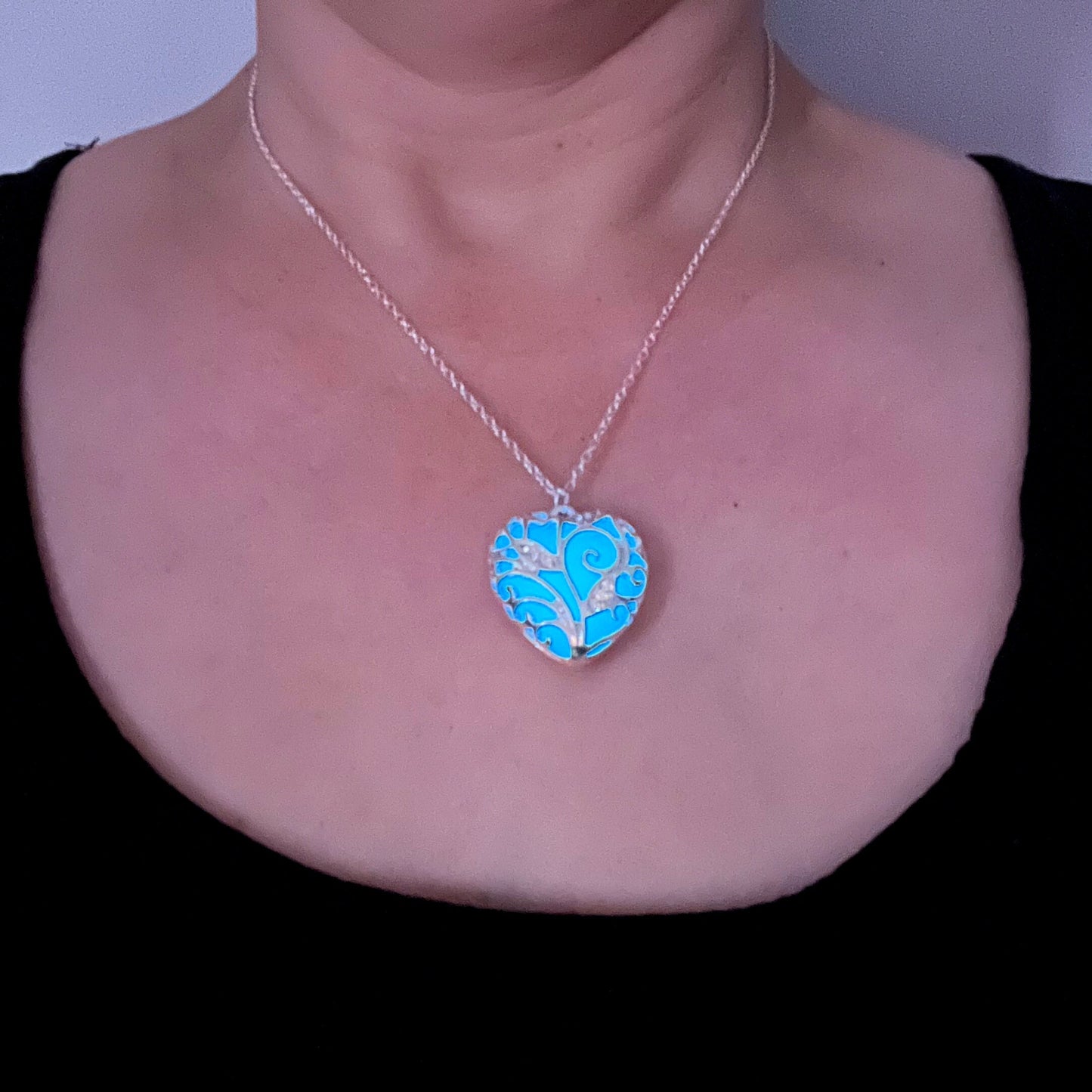 Blue glowing necklace silver necklace  heart pendants  glow necklace glow in the dark necklace glowing jewelry gifts for mom Valentines day