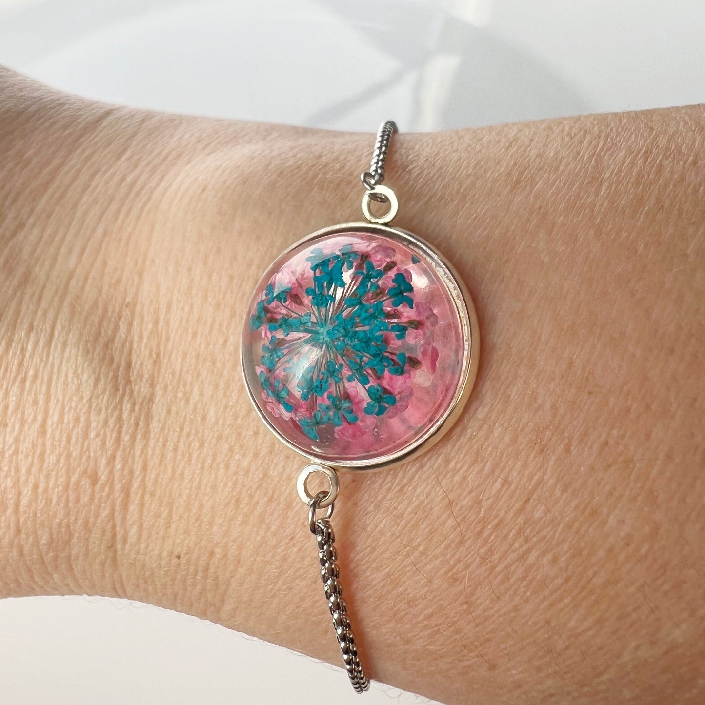 Flower turquoise in resin pink  bracelet Real pressed flower jewelry for women  Handmade Mothers day gift for mom