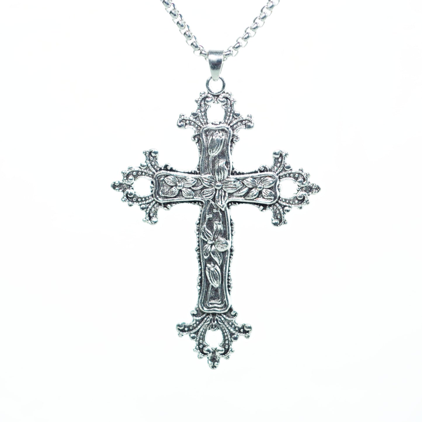 Gothic large cross necklace Religious jewelry Detailed floral cross pendant Big cross layer necklace long 24 "  Jesus  crucifix Religious