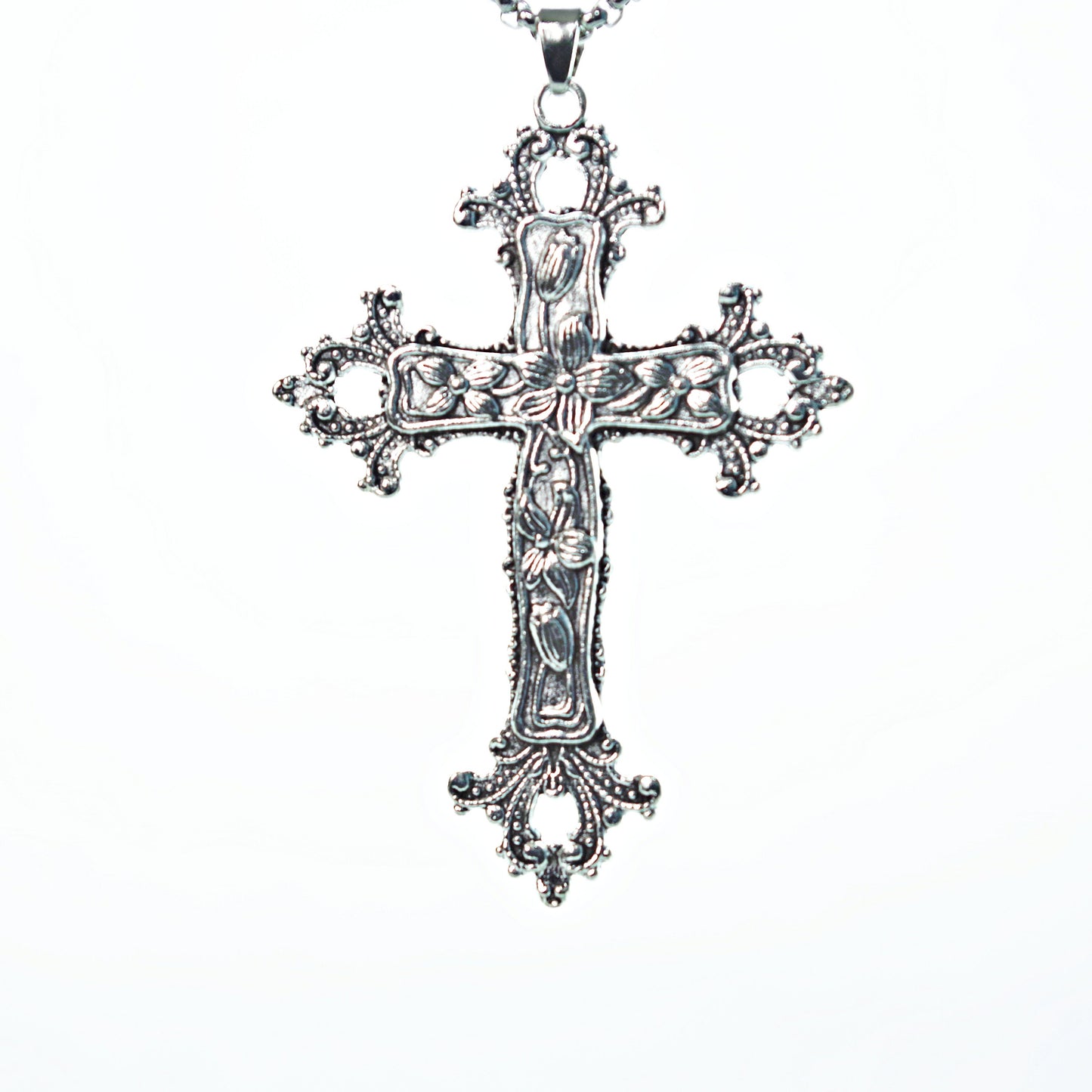 Gothic large cross necklace Religious jewelry Detailed floral cross pendant Big cross layer necklace long 24 "  Jesus  crucifix Religious