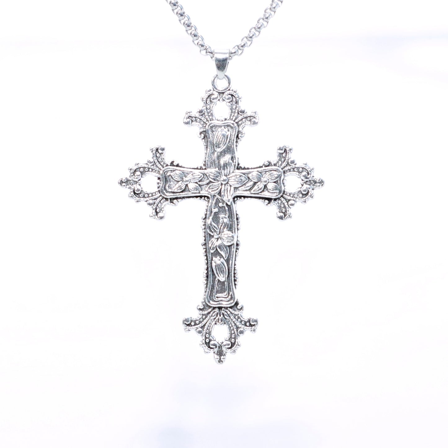 Gothic large cross necklace Religious jewelry Detailed floral cross pendant Big cross layer necklace long 24 "  Jesus  crucifix Religious