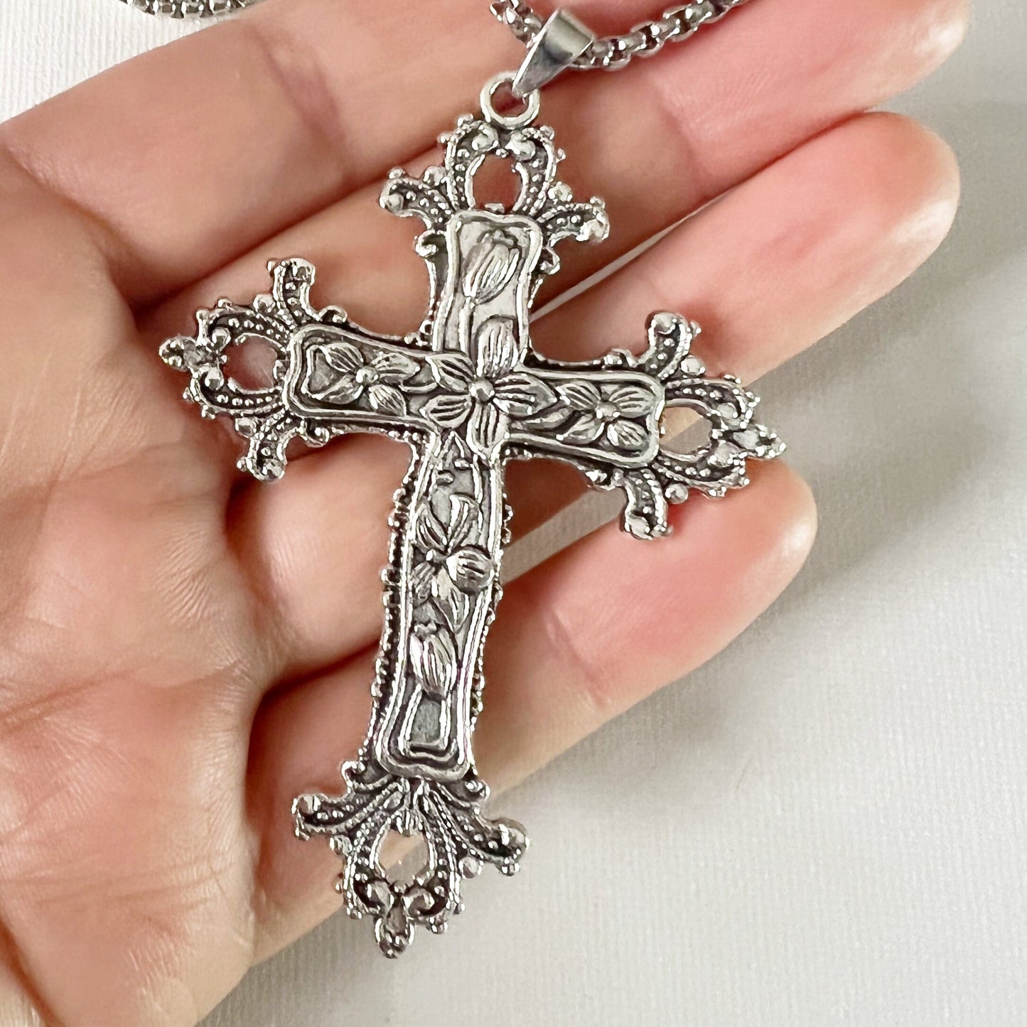 Gothic large cross necklace Religious jewelry Detailed floral cross pendant Big cross layer necklace long 24 "  Jesus  crucifix Religious