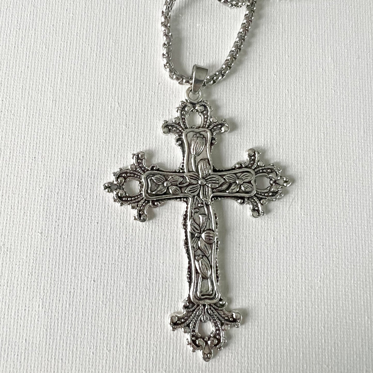 Gothic large cross necklace Religious jewelry Detailed floral cross pendant Big cross layer necklace long 24 "  Jesus  crucifix Religious