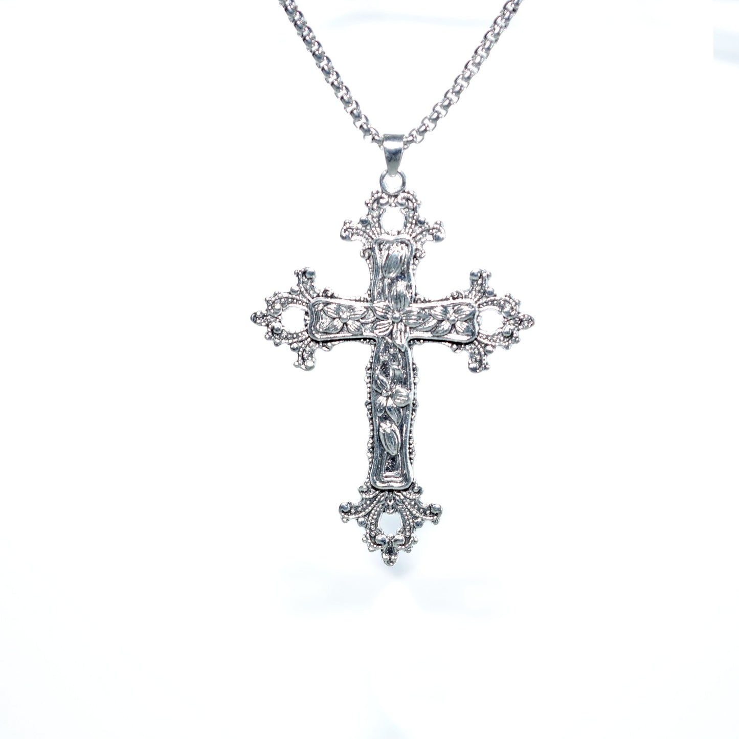 Gothic large cross necklace Religious jewelry Detailed floral cross pendant Big cross layer necklace long 24 "  Jesus  crucifix Religious