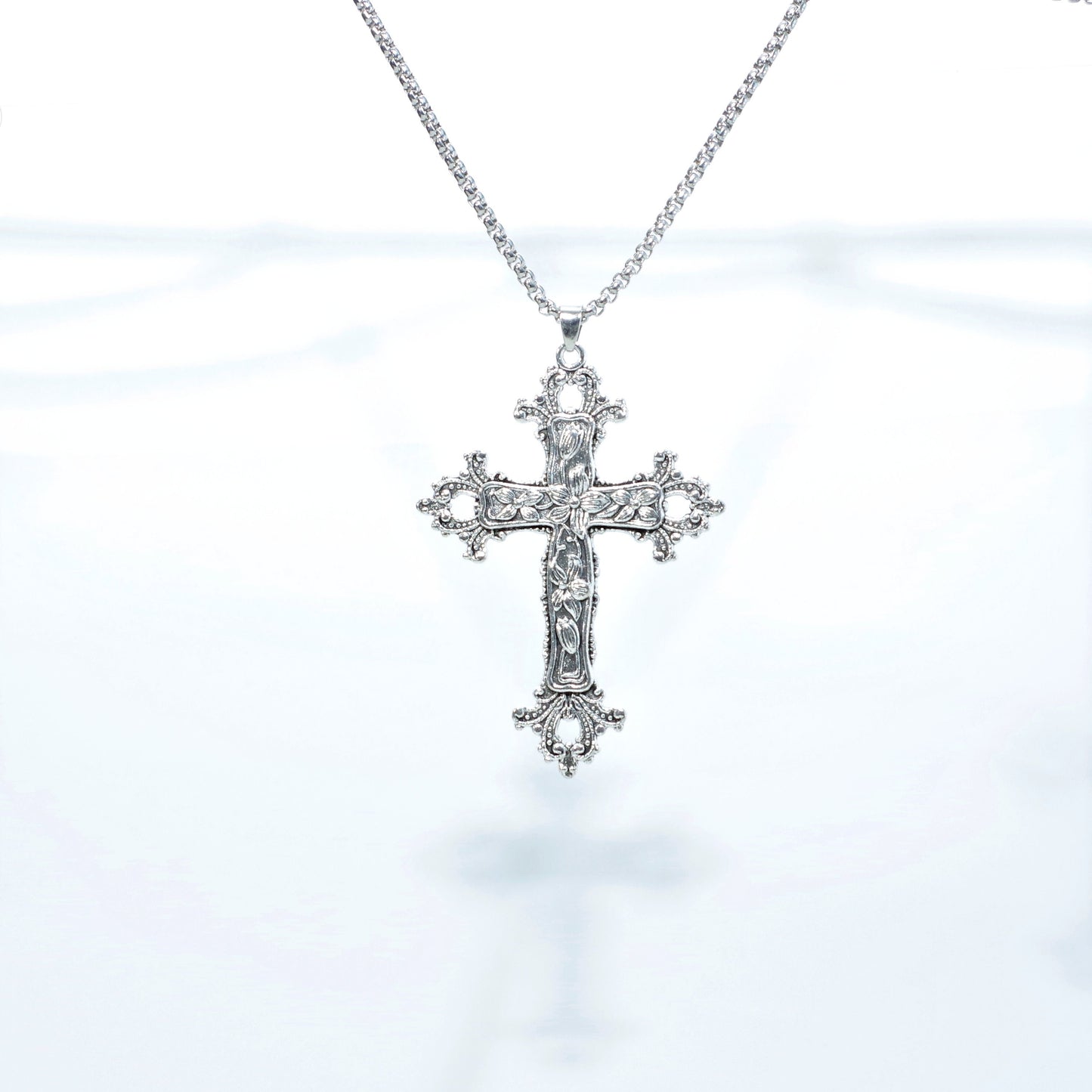 Gothic large cross necklace Religious jewelry Detailed floral cross pendant Big cross layer necklace long 24 "  Jesus  crucifix Religious