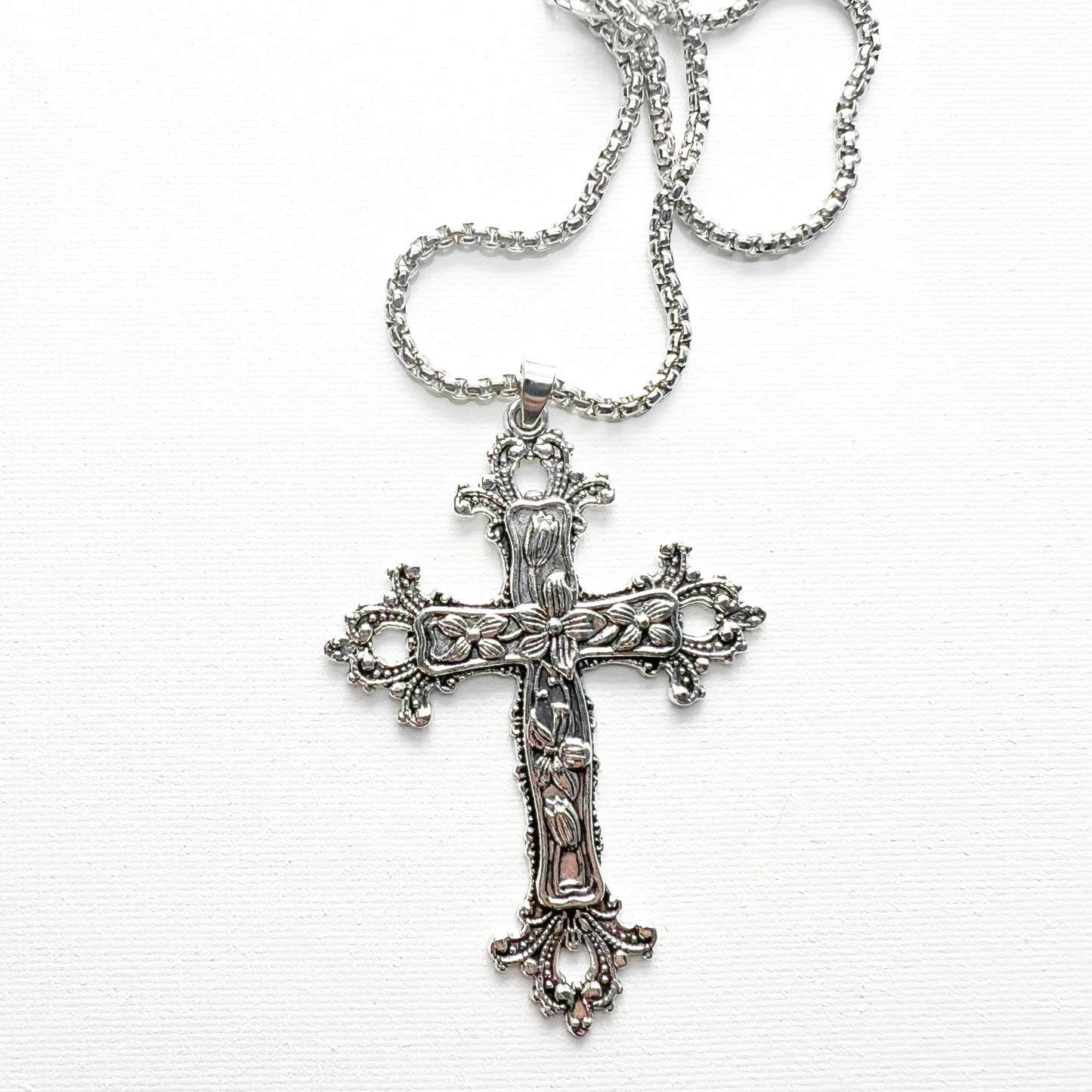 Gothic large cross necklace Religious jewelry Detailed floral cross pendant Big cross layer necklace long 24 "  Jesus  crucifix Religious