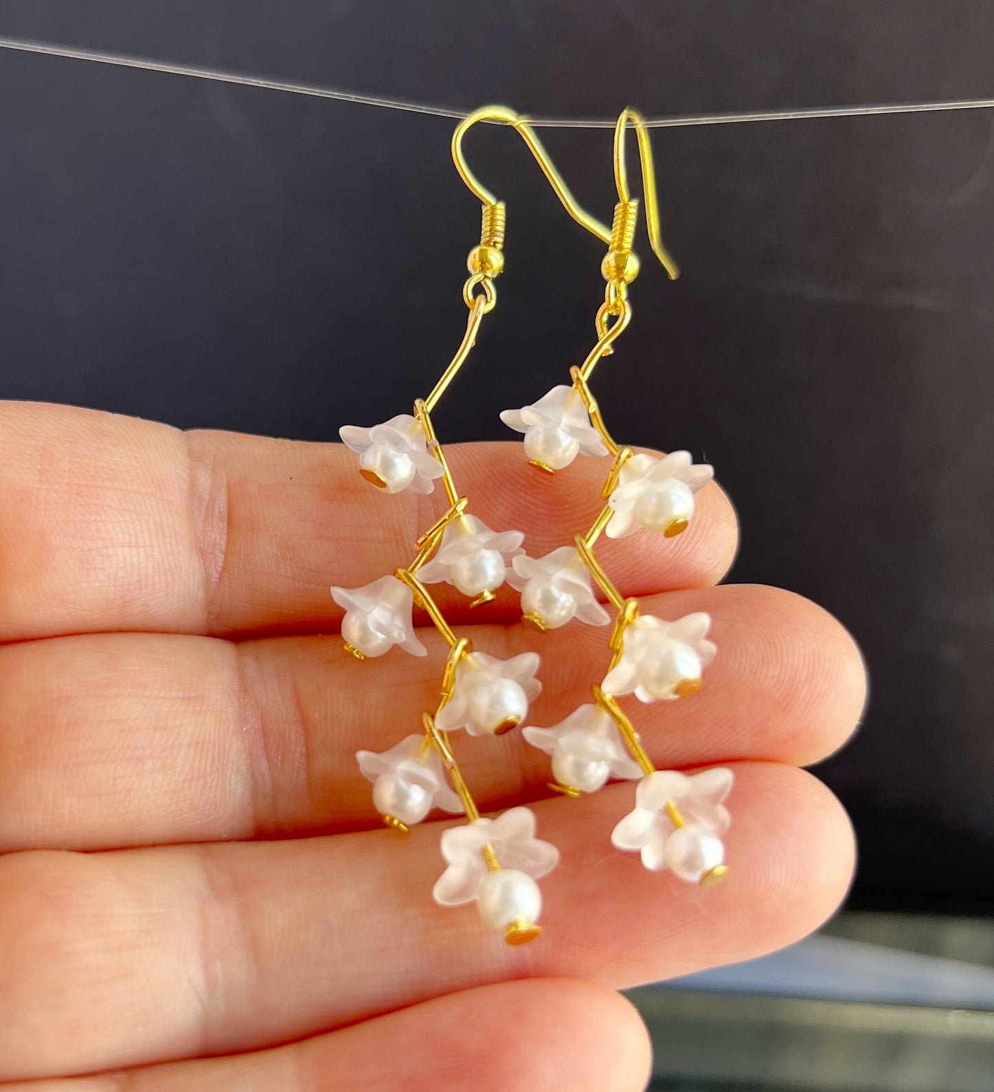 White small flowers earrings,Cascading flowers dangles earrings ,pearl grape summer jewelry, gift for her