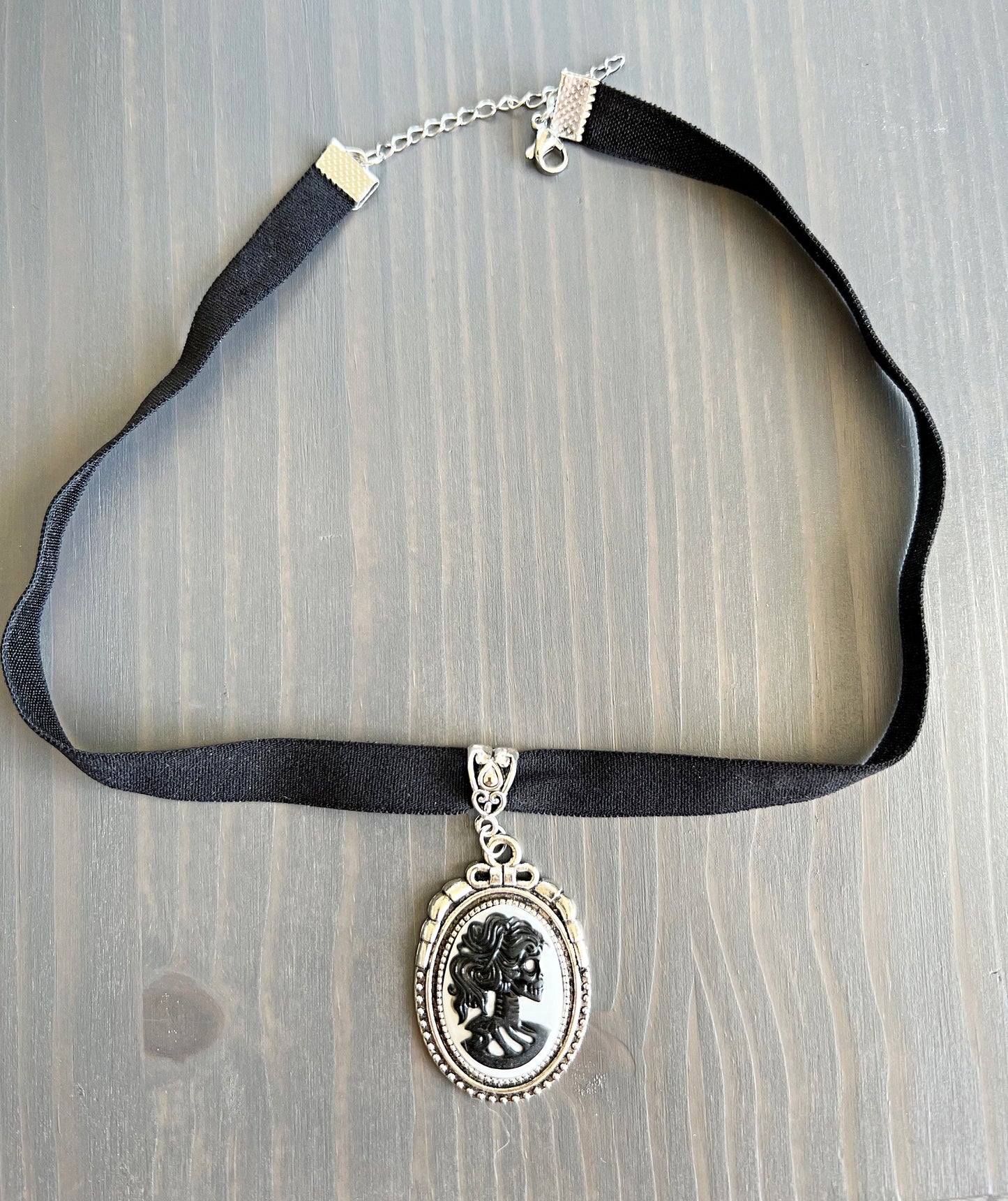 Lady Skull Cameo Black Choker ,Steampunk Skull Necklace Gothic jewelry ,Medieval Wedding, Renaissance choker, Gift for her