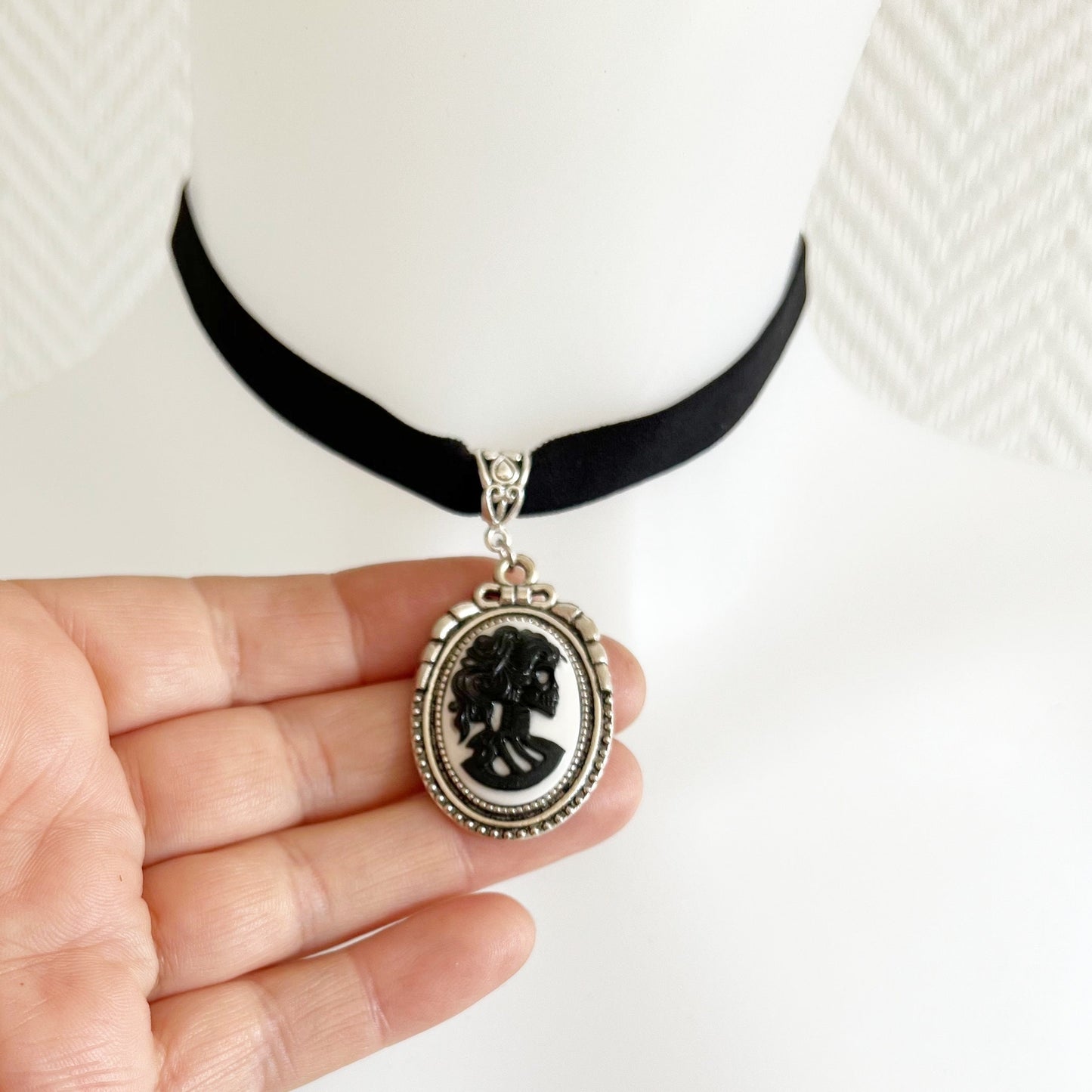 Lady Skull Cameo Black Choker ,Steampunk Skull Necklace Gothic jewelry ,Medieval Wedding, Renaissance choker, Gift for her