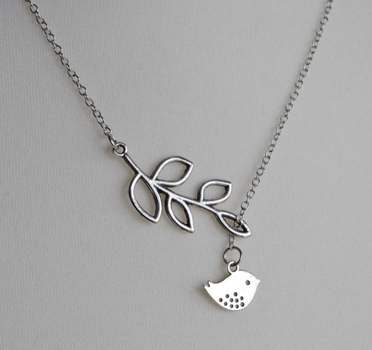 Mothers Day Gift Bird and Branch Lariat Necklace Leaf Pendant Necklace Bird charm necklace Wedding jewelry Love Bird Necklace Bridal mom