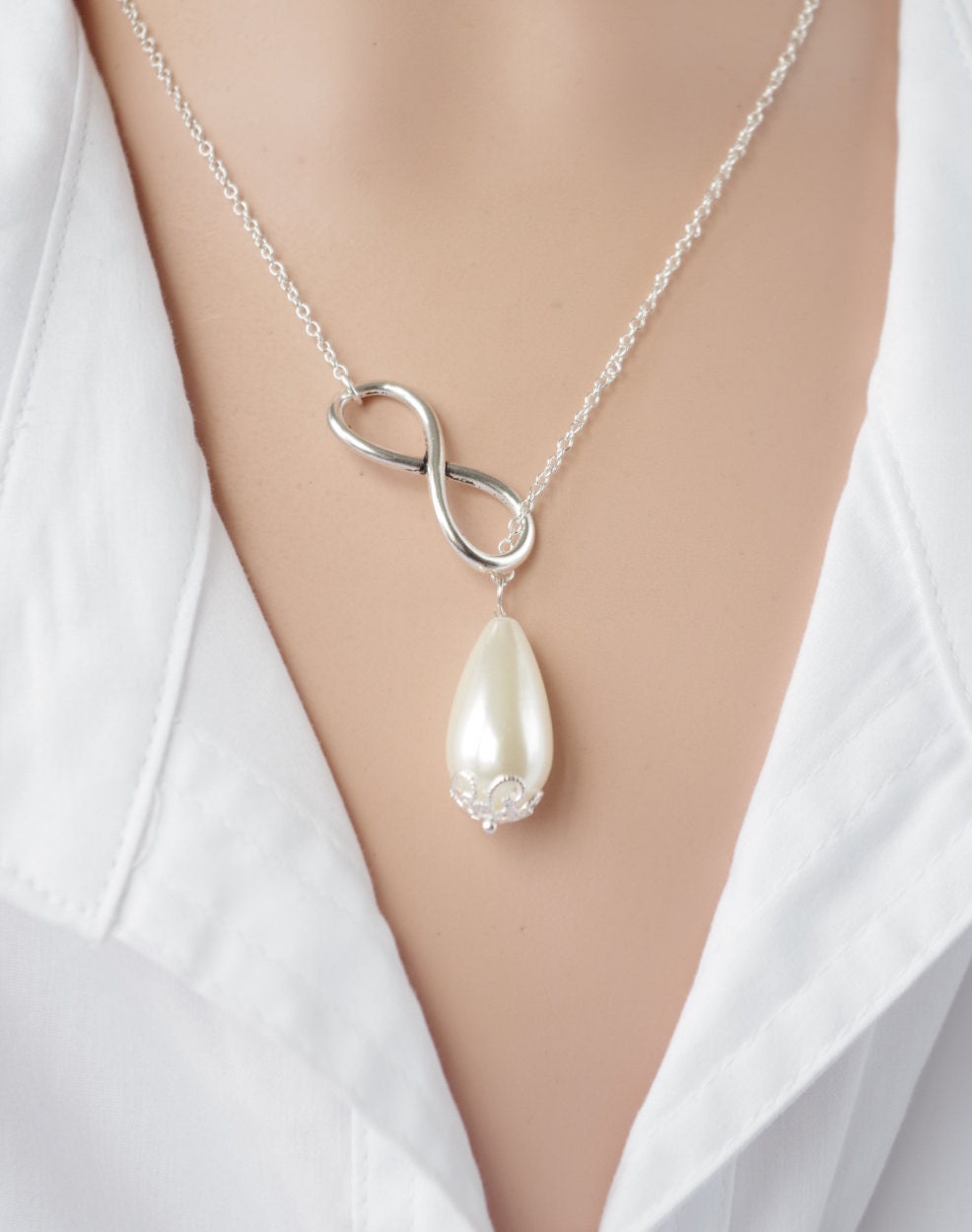 Water Pearl Lariat Necklace Infinity Jewelry Weddings gift  Bridal Jewelry  Gift for her silver necklace Christmas gift for mom