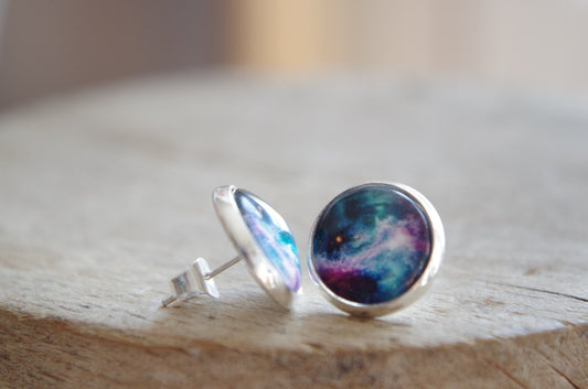 Galaxy Space Stud Earrings Rainbow Bleu Galaxy jewelry Nebula Stardust Earring Anniversary  gift for her Minimalist jewelry