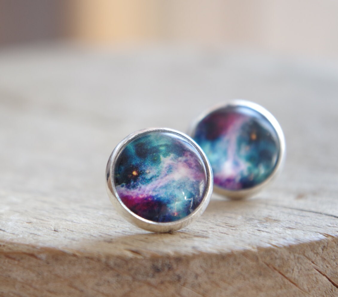 Galaxy Space Stud Earrings Rainbow Bleu Galaxy jewelry Nebula Stardust Earring Anniversary  gift for her Minimalist jewelry