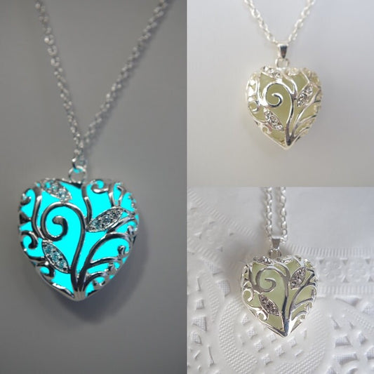 Glowing Necklace  Heart Aqua Glowing Necklace Glowing Jewelry Glowing Pendant Glow in the Dark Necklace valentines day gift for her Mothers