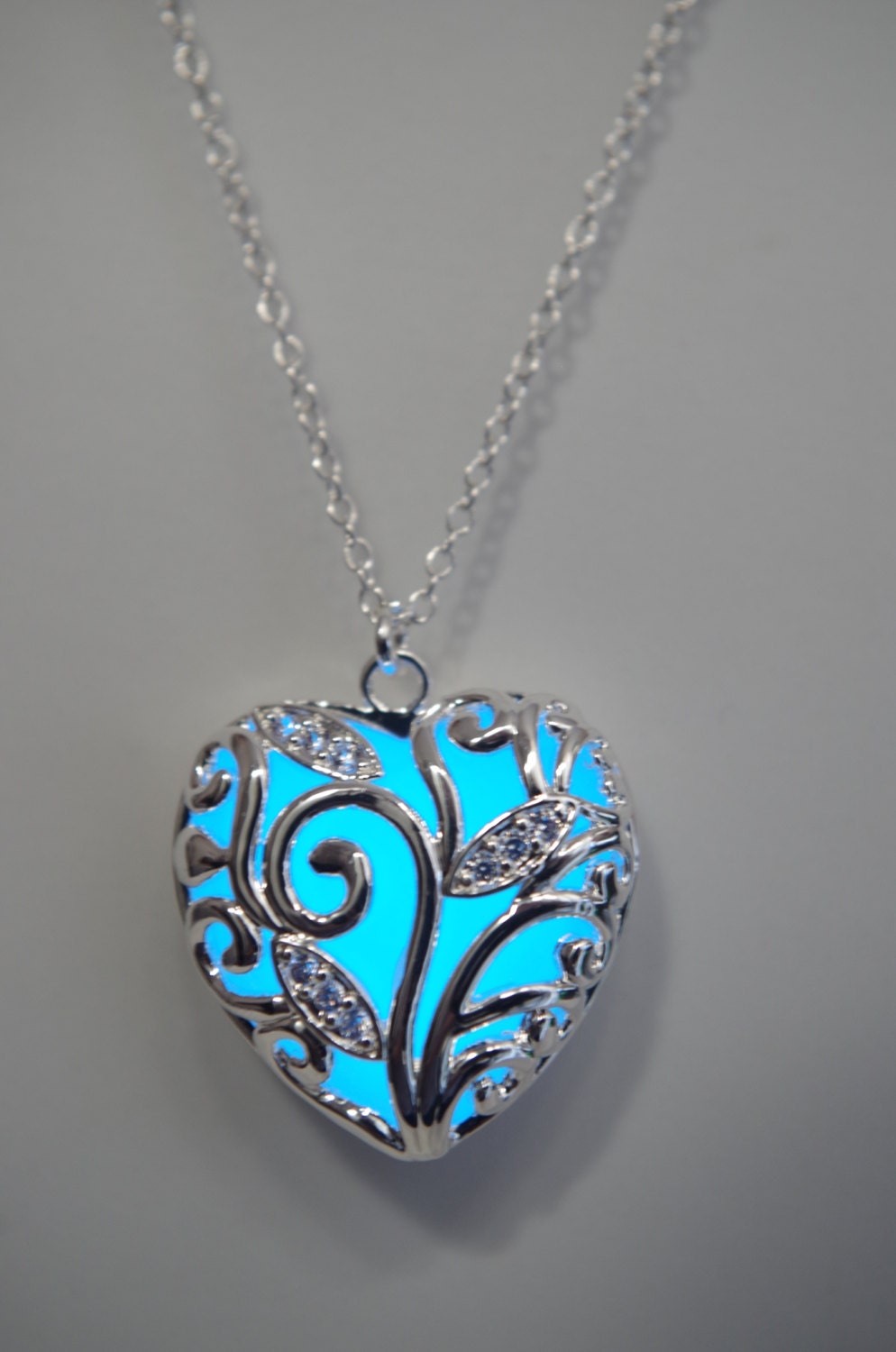 Blue glowing necklace silver necklace  heart pendants  glow necklace glow in the dark necklace glowing jewelry gifts for mom Valentines day