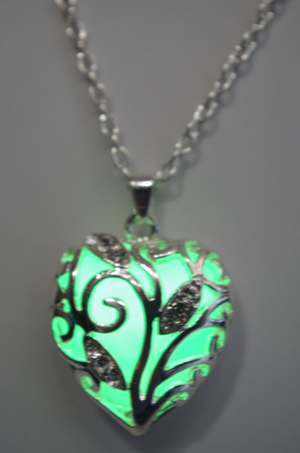 Heart Glow Necklace Glowing Necklace Big Green Heart  Glow in the Dark  Glowing Jewelry  Glowing Pendant Heart Necklace