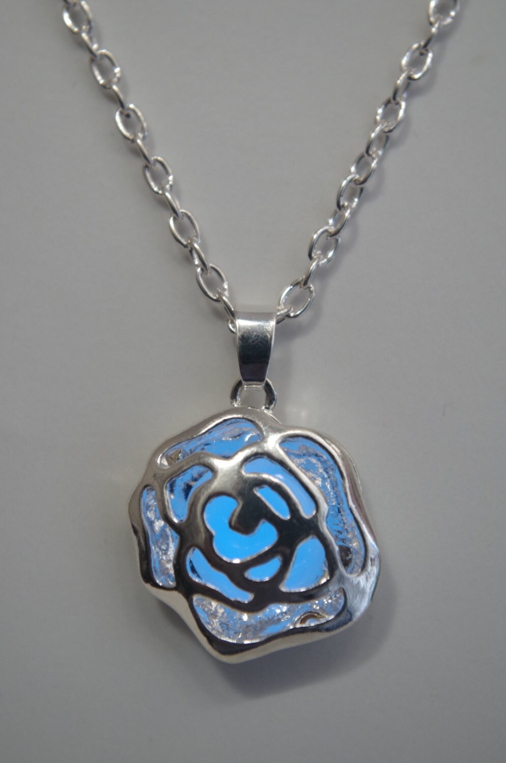 Glowing Rose Necklace Glow in the Dark Jewelry Silver Rose Aqua Glowing Necklace Mothers day gifts for  Her Women jewelry