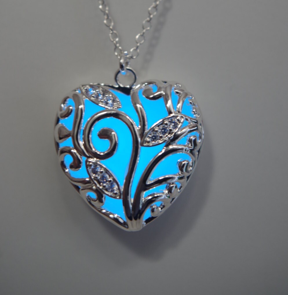 Blue glowing necklace silver necklace  heart pendants  glow necklace glow in the dark necklace glowing jewelry gifts for mom Valentines day